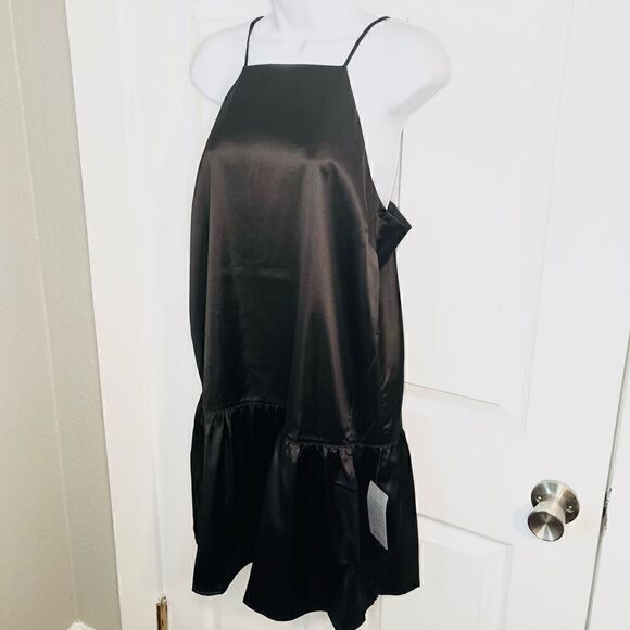 Maisie Monti Tiered Slip Dress Mini Satin Square Neck Drop Waist LBD Black M - Picture 6 of 11